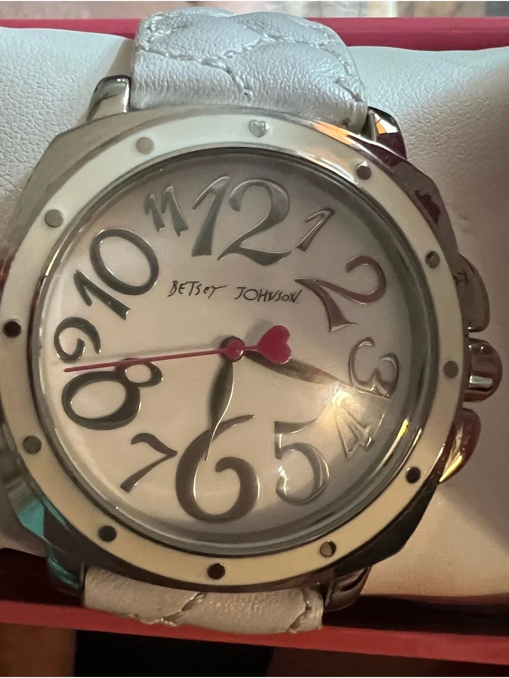 Betsey Johnson White Quilted Strap Silver-Tone Dial Watch with Red Hand